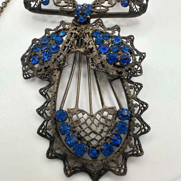 Antique Art Deco 1920s blue Czech glass rhinestones brass filigree necklace - Picture 5 of 8